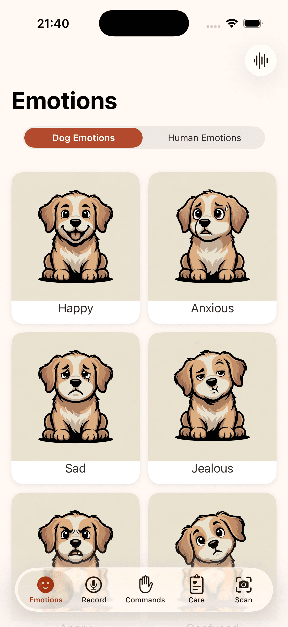 Dog Translator emotions screen showing 16+ dog emotion sounds