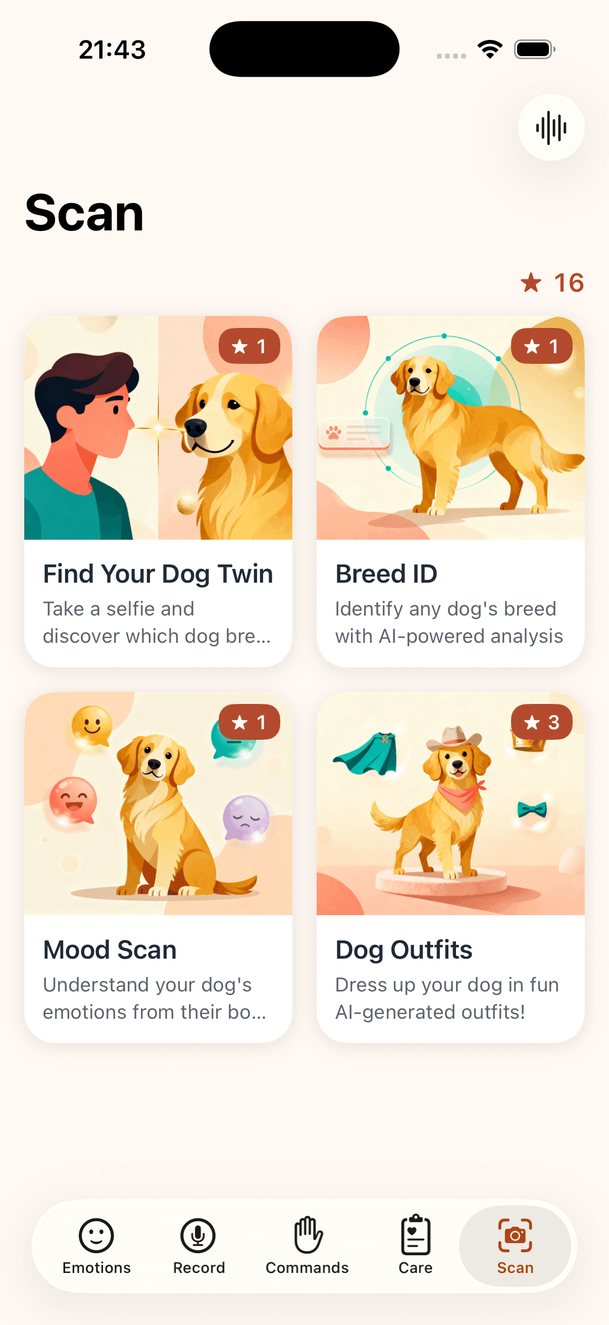 AI scan features — dog twin, breed ID, mood scan, outfits